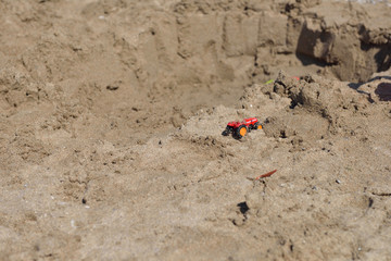 Small red metal toy tractor on the wet sand beach. Summer vacati