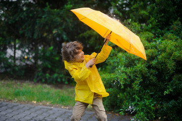 Laddie in a yellow raincoat is covered with an umbrella from rain and wind.