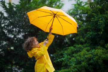 Chappie with a bright yellow umbrella in the warm summer rain.