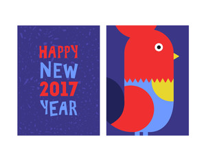 Happy New Year of the red Rooster, greeting card. Vector illustration.