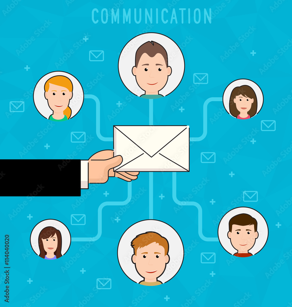 Poster communication process flat web infographic of running email campaign. human hand holding an envelope
