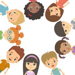 International Day of friends background. International friendship day. Multicultural kids in the circle on a white background.