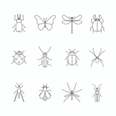 Insects thin line art icons set.