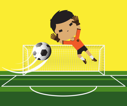 Vector illustration of a goalkeeper Boy trying catching the ball on football gate