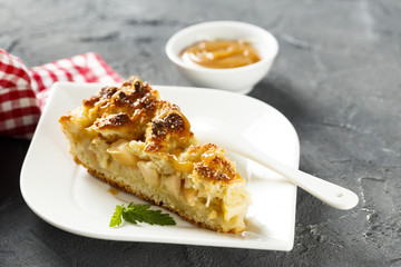 Apple pie with cottage cheese streusel and caramel