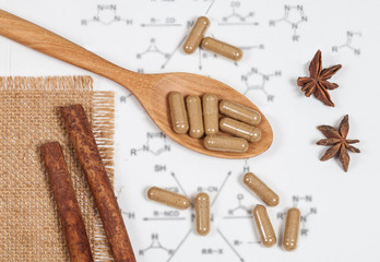 Capsules of herbs on spoon