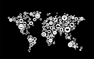 World map vector flat white infographics with social media icons