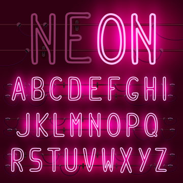 Vector set of realistic neon letters of the english alphabet wit