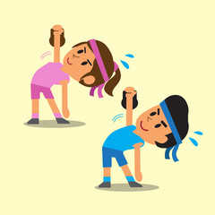 Cartoon a man and a woman doing kettlebell windmill exercise