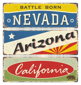 Vintage tin sign collection with USA state. Retro souvenirs or postcard templates on rust background.