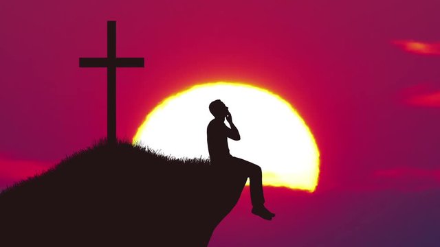 3 in 1! The man sit near the cross against the background of sunrise. Real time capture