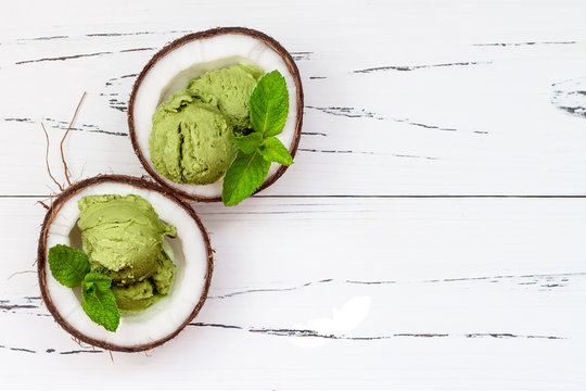 Green tea matcha mint ice cream with chocolate and coconut milk