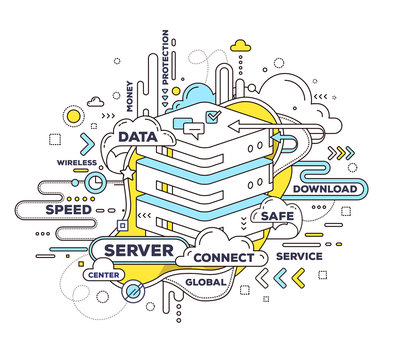 Vector creative illustration of cloud storage with data server a