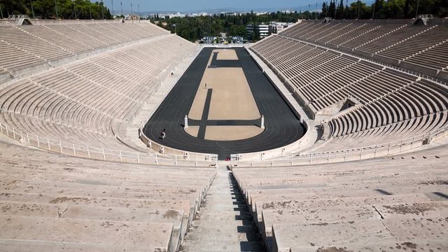 A tilt up shot of the Panathenaic Stadium in Athens, Greece