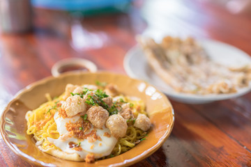 thai local food call Khaw Pan Paw , it a local food in Uttaradit provice north of Thailand, cooking from flour and vegetable  - selective focus