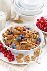 breakfast with cereals flakes and berries, closeup vertical