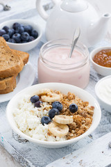 cottage cheese, muesli and fresh fruit for breakfast, vertical