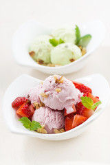 strawberry and pistachio ice cream, vertical closeup