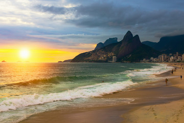 Sunset view of Ipanema beach and mountain Dois Irmao (Two Brother) in Rio de Janeiro, Brazil....