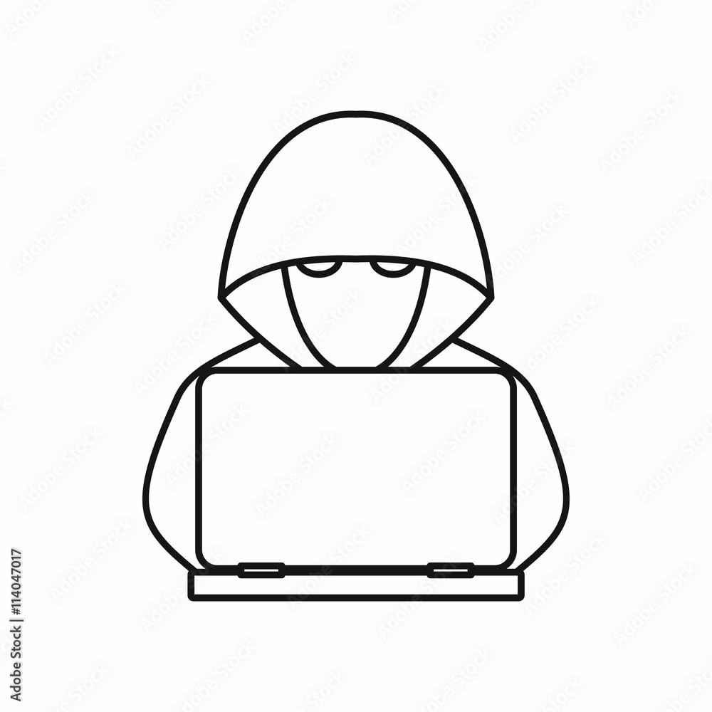 Aufkleber computer hacker with laptop icon, outline style