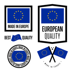 Made in Europe label set. Vector European flag. Symbol of quality. Manufacturing by Europe. Tags and sticker collection. Vintage and modern stamp.