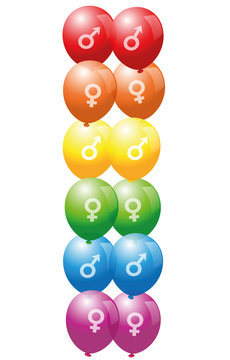 Gay pride balloons with symbols of gay and lesbian love - isolated vector illustration on white background.