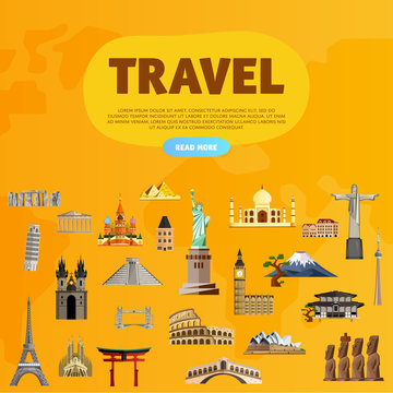 Travel the world. Monument concept. Landmarks on the globe. Tourism and vacation theme. Travelling vector illustration. Modern flat design. Famous world landmarks icons. Journey around the world.