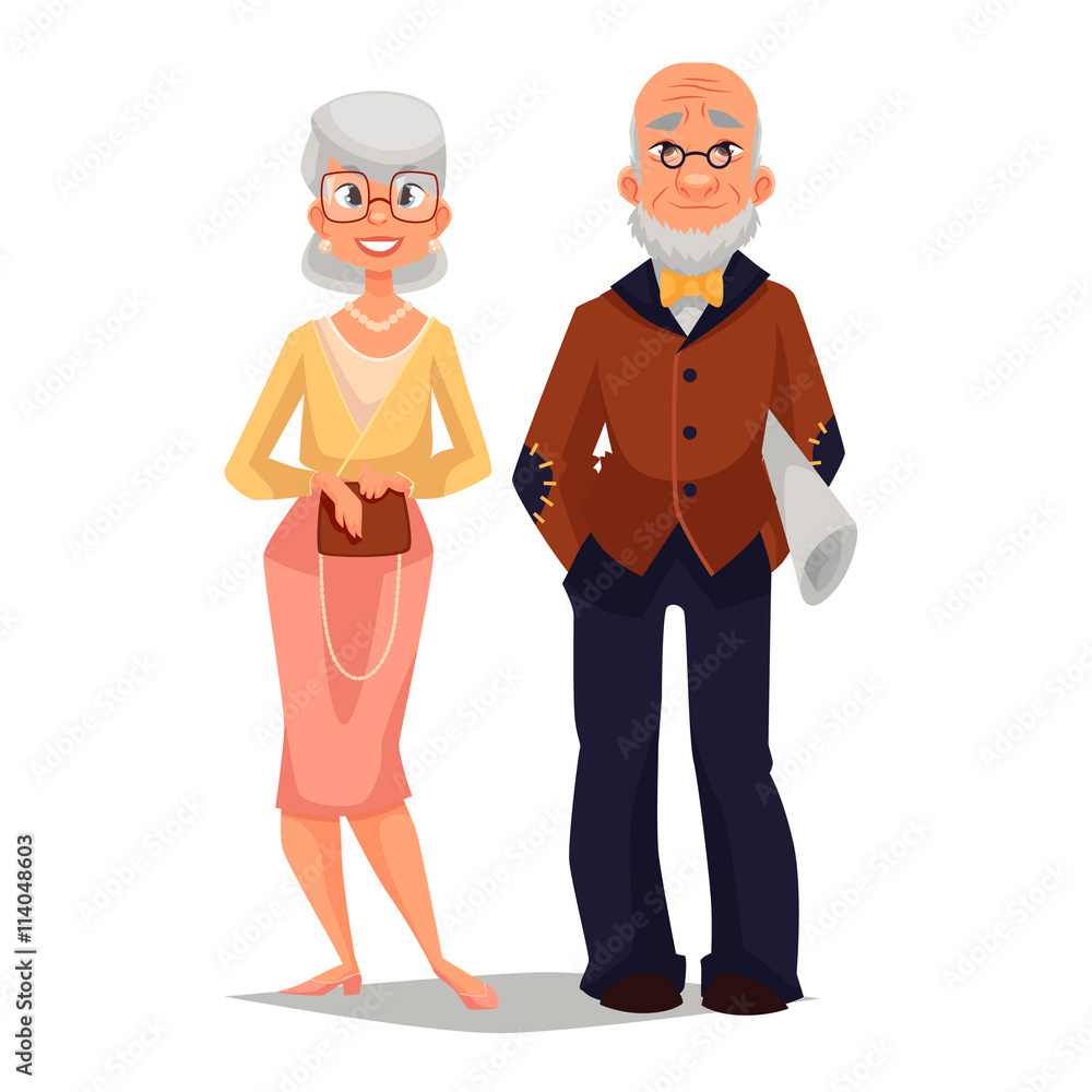 Wall mural elderly couple man and woman, vector comic cartoon illustration isolated on white background, beautiful thin and well-groomed old man and an old woman, a happy elderly couple grandparents