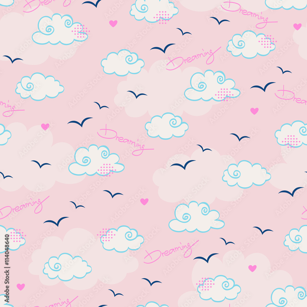 Poster seamless pattern with clouds and birds