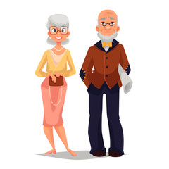 elderly couple man and woman, vector comic cartoon illustration isolated on white background, beautiful thin and well-groomed old man and an old woman, a happy elderly couple grandparents
