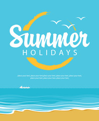 Naklejka premium Travel banner with the sea, the beach and the word summer holidays