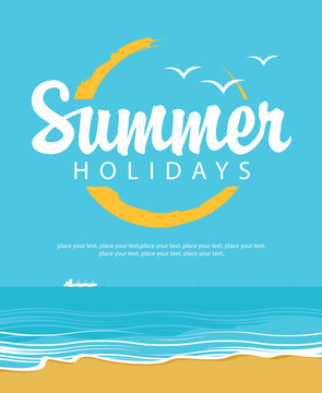 Travel banner with the sea, the beach and the word summer holidays