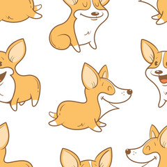 Seamless pattern with cute cartoon dogs breed Welsh Corgi Pembroke on white  background. Little puppies.  Children's illustration. Vector image. Funny animals.