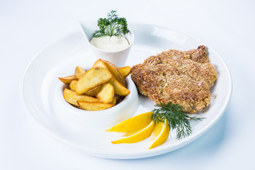 Meal with potato. Restaurant food.