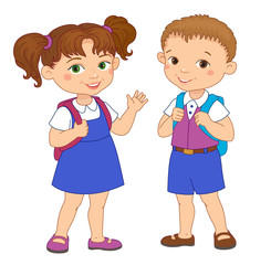 Boy and girl with backpacks pupil stay cartoon school isolated