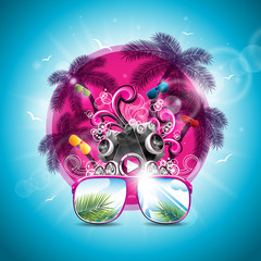 Vector Summer Holiday illustration on a Music and Party theme with speakers and sunglasses on blue background.