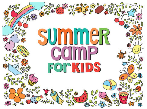 doodle summer vector illustration  with text flowers things for kids camp