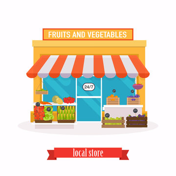 Local market Fruit and vegetables. Farmers market. Flat design m