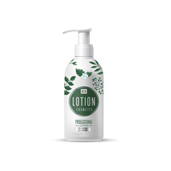 Organic cosmetic brand of lotion vector packaging template, body care product. Realistic bottle mock up isolated on white background.