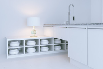 White hi-tech kitchen interior design.
