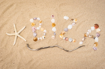 Fototapeta na wymiar Ibiza writing with seashells in sand beach