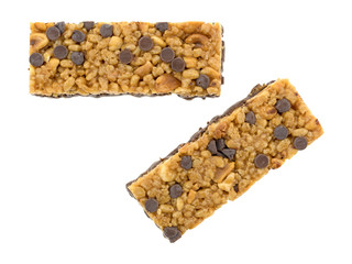Chocolate chip peanut protein bars on a white background.