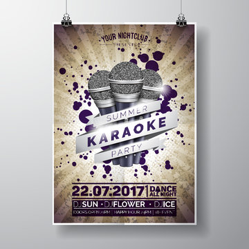 Vector Flyer illustration on a Summer Karaoke Party theme with microphones and ribbon on vintage brown background.