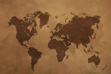 Brown world map on old vintage paper parchment