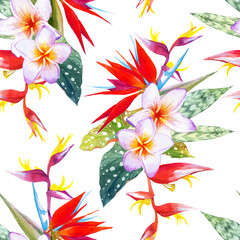 Plakaty  Bezszwowe tło z akwarela tropikalnych kwiatów.