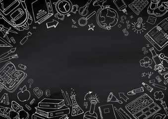 Back to school hand-drawn doodles blackboard background. © schakty