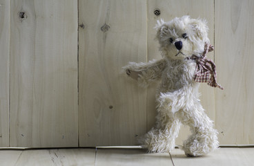 Teddy bear walking on the wooden floor