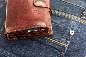 blue jeans pocket with Wallet brown