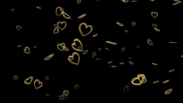Gold heart shape rings falling. Looped animation with alpha mask.