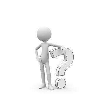 Wei&szlig;es 3D M&auml;nnchen - Frage, nachdenken, &uuml;berlegen - M&auml;nnlein Cartoon - Fragezeichen Icon - 3D Figur mit Zeichen und Symbolen isoliert auf wei&szlig;em Hintergrund.